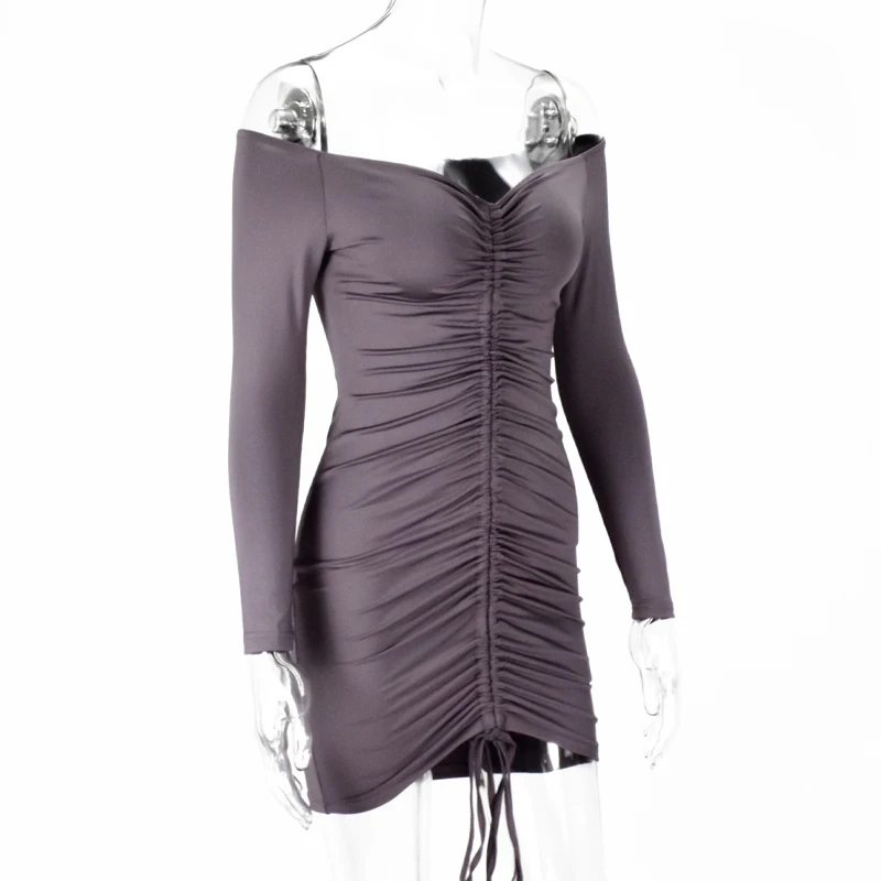 Невозьму 2 слоя осеннее платье Для женщин с открытыми плечами Drawstring Ruched Bodycon платье женские вечерние Клубные пикантные зимнее платье