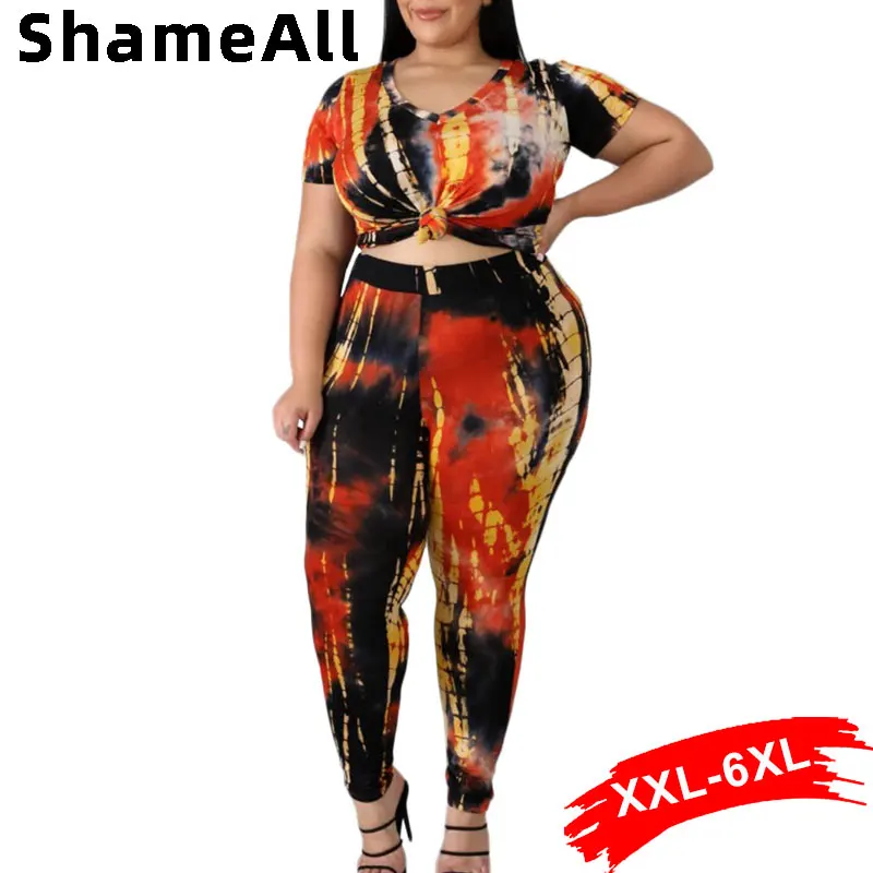 

Plus Size Sport Fitness Tie Dye 2 Two Piece Set Outfits 4XL Short leeve Crop Tops Tshirt Fittness Leggings Set Bodycon Tracksuit