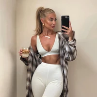 fitness knit rib tracksuit women summer sexy lounge wear v neck backless crop top with sweatpants two piece set jogging femme