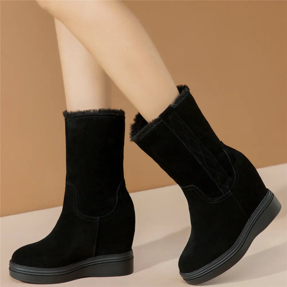 High Top Creepers Women Genuine Leather Wedges High Heel Snow Boots Female Slip On Winter Warm Platform Pumps Shoes Casual Shoes