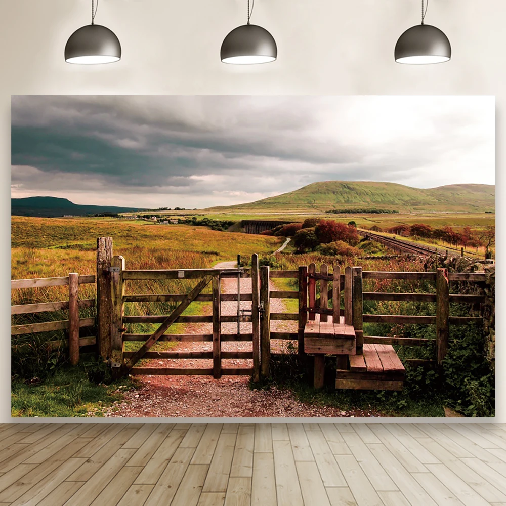 

Laeacco Field Natural Landscape Background Farm Fence Birthday Portrait Room Cover Decor Photographic Backdrop For Photo Studio