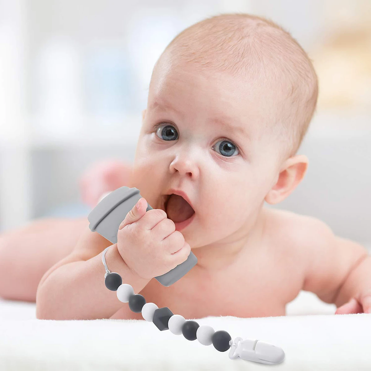 

Hot sale Coffee Cup Silicone Teether BPA Free Silicone Baby Teething Beads DIY Baby Teeth Toy Gift with Pacifier Clip Holder