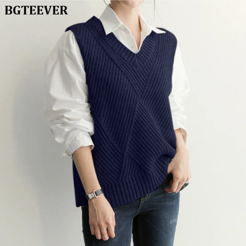 Autumn V-neck Sleeveless Women Pullovers Plaid Casual Knitted Tops Outerwear Vest Sweater Female Winter Warm Jumpers 2019 | Женская