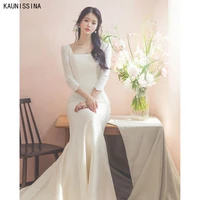 kaunissina simple satin mermaid wedding dresses square collar bridal gown 34 sleeve white romantic bride dress vestido de novia
