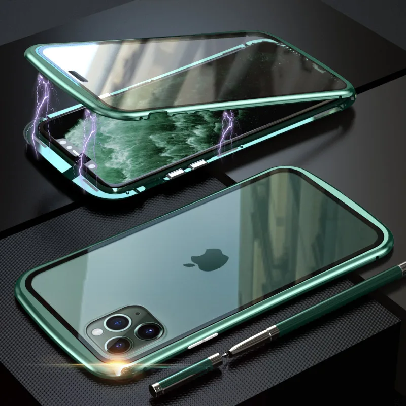 Бронированный Магнитный чехол с металлической рамкой для iPhone 11 Pro Max, двойное закаленное стекло 360, чехол на весь корпус для iPhone 11 Pro Max 11pro Funda