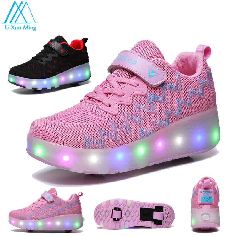 

Fashion New Children's Roller Sports Shoes LED Flashing Shoes Double Wheel USB Charging Skating Shoes With Wheels High Heels