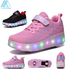 Детская спортивная обувь со светодиодной подсветкой, роликовые туфли на высоком каблуке, зарядка через USB, Двойные колеса