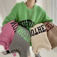 candy colors letter print sweater women korean fashion loose thick knitted sweater female vintage all match jersey mujer