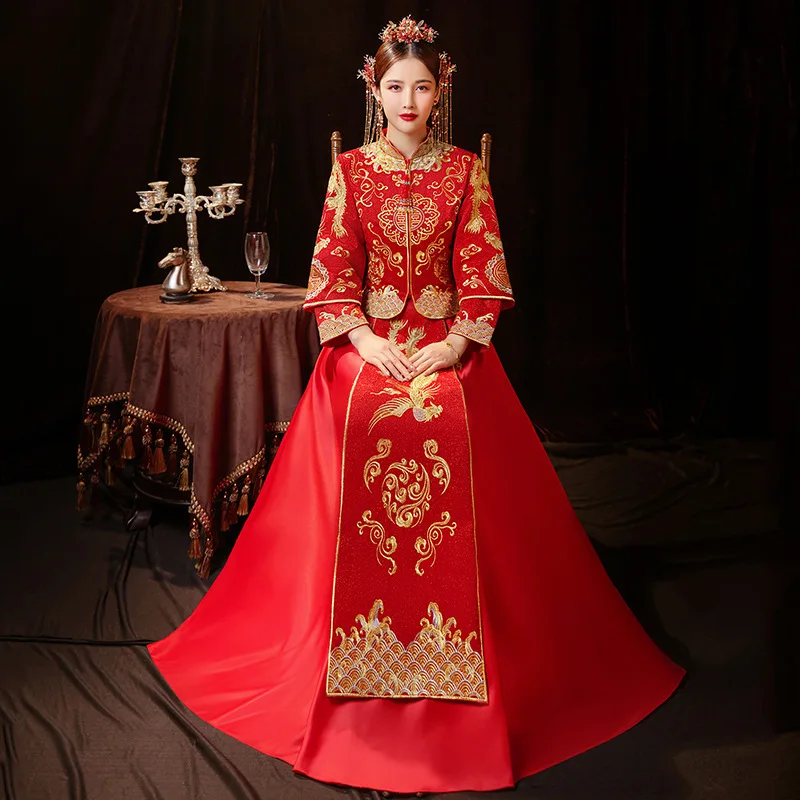 2021 Oriental Style Dresses Chinese Clothing Modern Cheongsam Red Qipao Long Traditional Chinese Wedding Dress Size 3XL