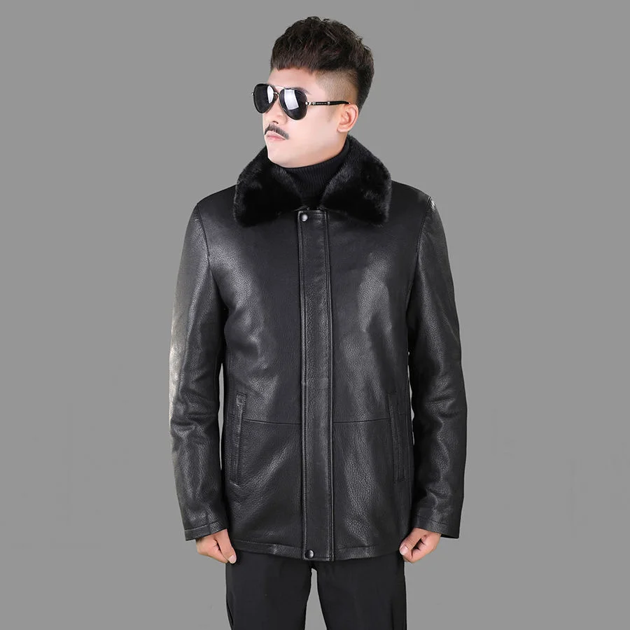 

Haining New Authentic Deerskin Men's Medium And Long Winter Down Coat Detachable Mink Fur Collar Leather Jacket