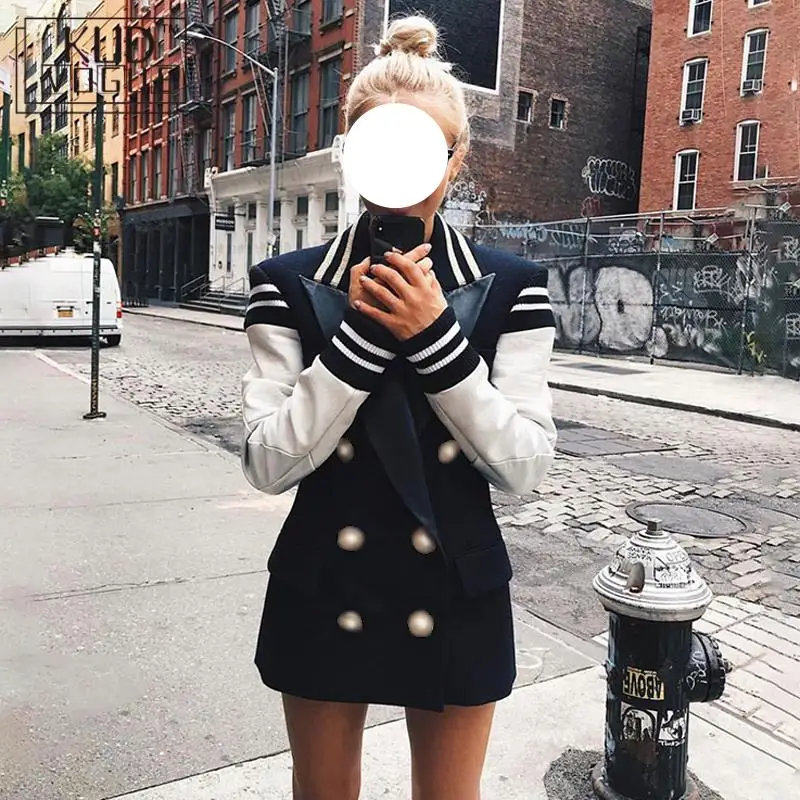 Женский кожаный двубортный Блейзер модный дизайнерский блейзер в стиле пэчворк