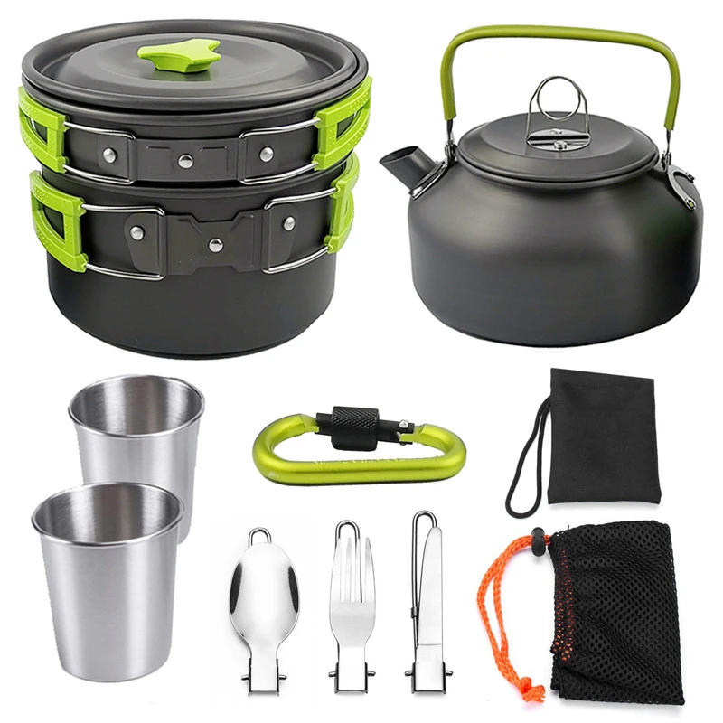 

Camping Tableware Set Outdoor Cookware with Water Kettle Frying Pan Camping Pot Cutlery Kitchen Equipment for BBQ Hiking Picnic