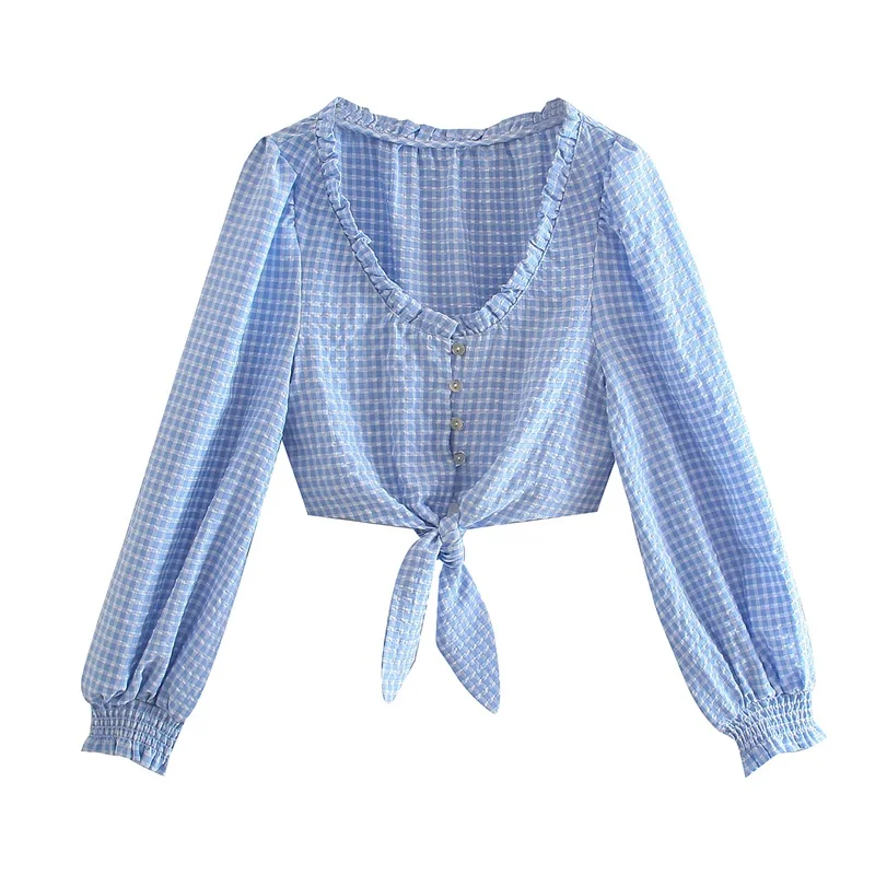 

Women 2021 Sweet Fashion With Knot Check Cropped Blouses Vintage Square collar Neck Long Sleeve Female Shirts Streetwear