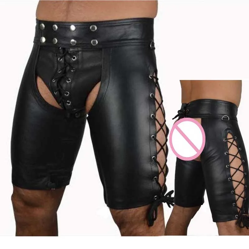 Мужские эротические шорты из лакированной кожи с открытой промежностью