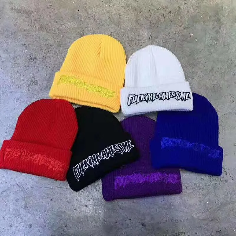 Fxxking Awesome Beanie Winter Hats For Women Ladies Men Acrylic Cap Billie Eilish Bonnet Autumn Knitted Hip hop Embroidery Skull