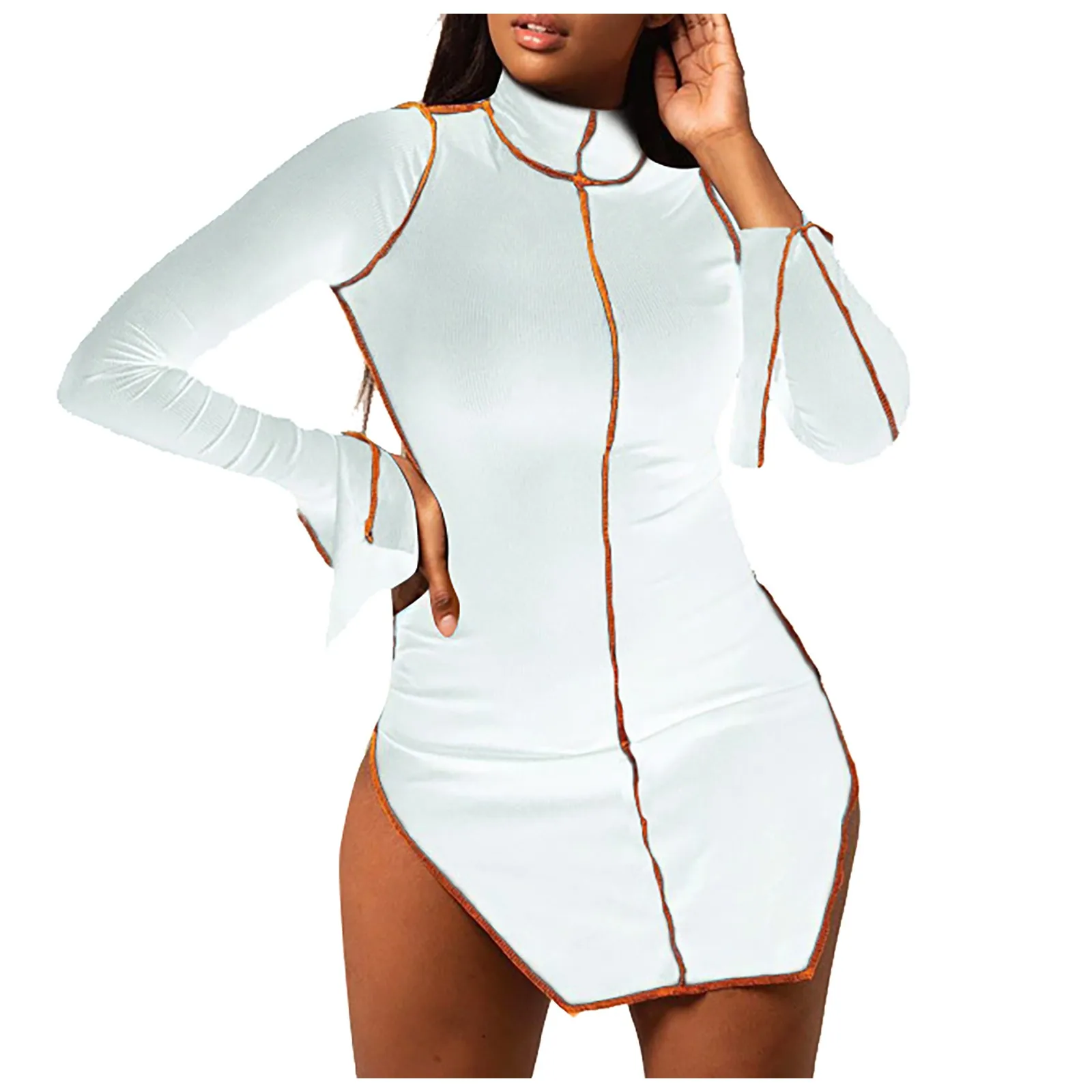 Fashion Long-sleeved dress High Collar robe Splicing Line Temperament Slim Dress Women Casual Loose woman женское платье |