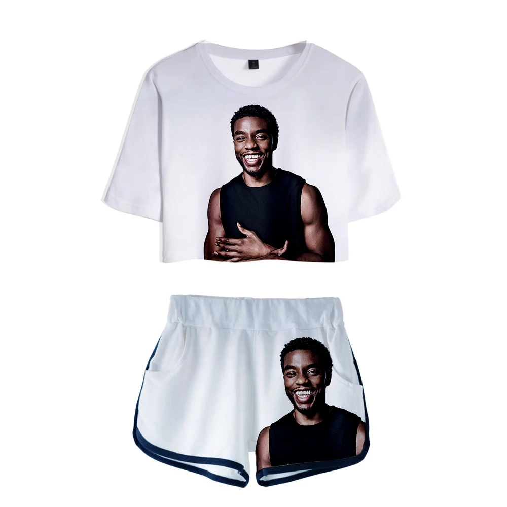 

2020 Chadwick Boseman Two Piece Set Streetwear Girls Set Navel Tracksuit Fashion T Shirt Shorts Set High Quality Casual
