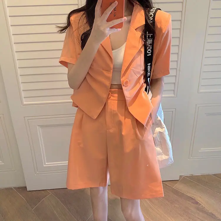 

Korean Style Suit Shorts Two-Piece Sets for Women 2021 New Summer Temperament Casual Blazer Crop Top Casual Loose Shorts Outfits