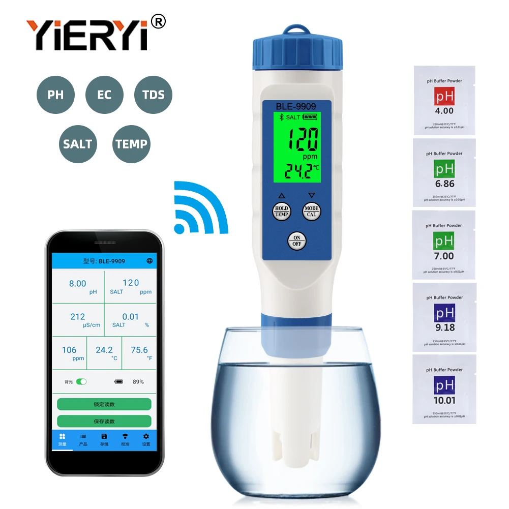 Yieryi Bluetooth-совместимый измеритель PH/TDS/EC/солености/температуры воды ручка ATC APP