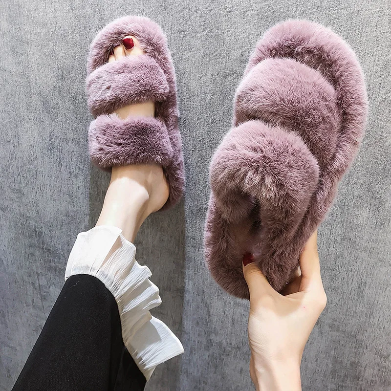 Double Band&cross band fur slippers women platform shoes pantuflas 35-40 candy thicken soled furry slides plush creepers2020 | Обувь