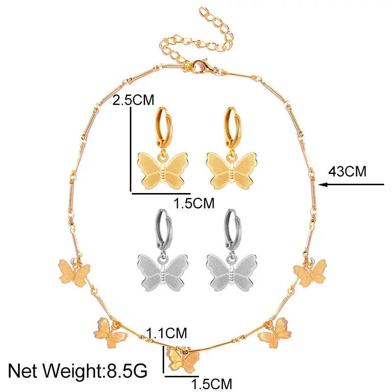 

3Pcs/set Gold Silver Color Butterfly Drop Earrings Necklace Sets For Women Girls Fashion Small Animal Jewelry Sets Party Gift