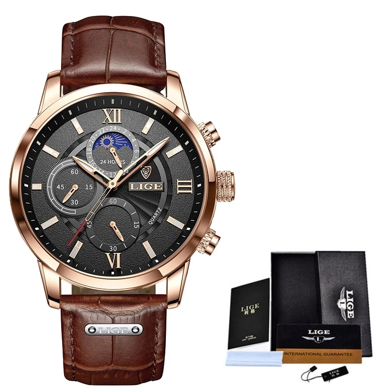 

2021 New Mens Watches LIGE Top Brand Luxury Leather Casual Quartz Watch Men's Sport Waterproof Clock Watch Relogio Masculino+Box