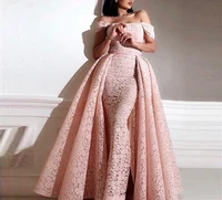 pink mermaid arabic two pieces evening dresses kaftan long prom dresses 2019 couture lace party dress with detachable skirt