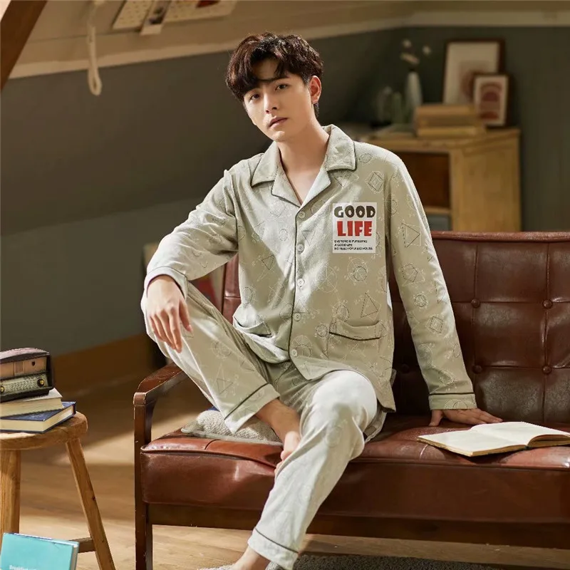 

New spring/summer 2020 men's home wear cotton cardigan lapel suit plain color simple plus-size pajamas