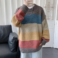 mens knitted sweater korean style color blocking striped sweater spring and autumn boys trend loose sweater coat vintage sweater