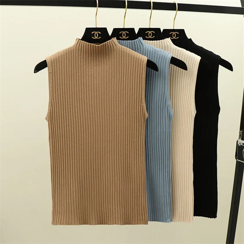 Женская однотонная водолазка трикотажная облегающая футболка без рукавов