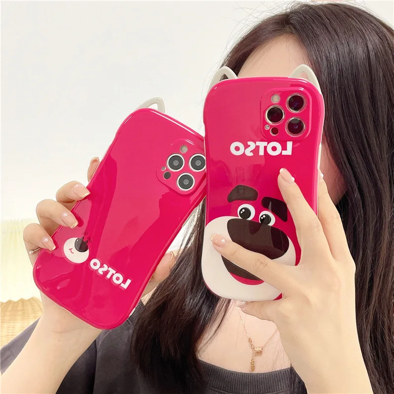 

New Disney Lotso Phone Cover Case For iPhone 11 12 pro max Xr Xs Max 7 8 Plus Small Waist Hot Pink Cartoon Bear Shell For Grils