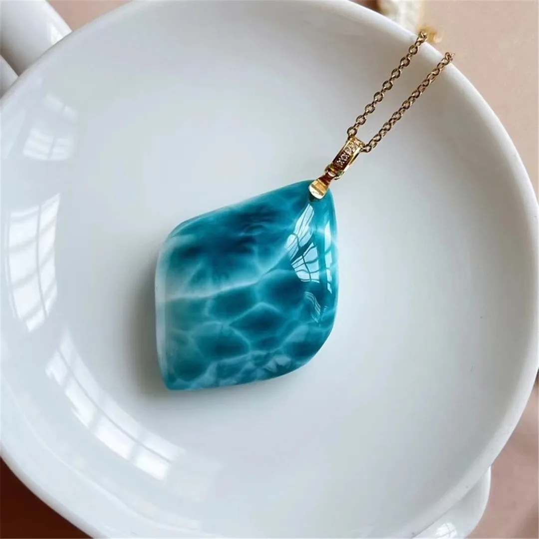 

Top Natural Heart Blue Larimar Pendant For Women Man Dominica Stone Crystal Beads 18k Gold Water Pattern Gemstone Jewelry AAAAA