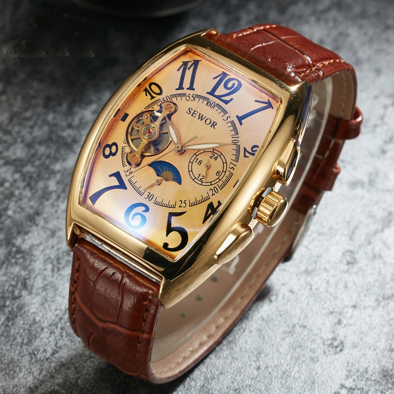SEWOR Fashion Luxury Gold Watch Men Mon Phase Tourbillon Watches Small Seconds Automatic Mechanical Wristwatches Reloj Hombre reef tiger rt fashion brand watches men sports waterproof two tone rose gold moon phase big date mechanical watch reloj hombre
