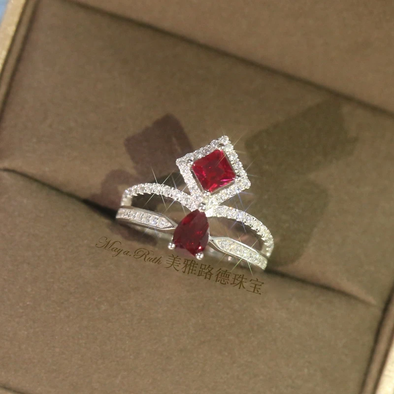 

Ruby Crown Ring Women's Court Vintage 925 Sterling Silver White Gold Plated Colored Gemstone Hipster Ring Personality