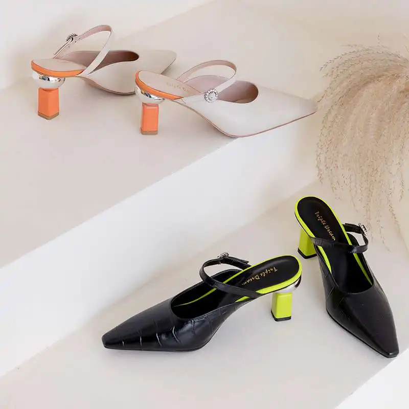 

Krazing pot 2020 new hot women sandals mixed color genuine leather square toe high heels rhinestone dating wear shoes women L10
