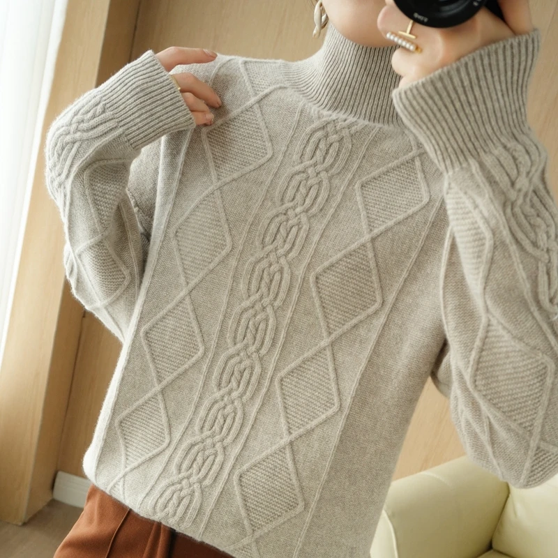 

Свитер с высоким воротником Женский пуловер из чистой шерсти осенне-зимний плотный вязаный топ с длинными рукавами и стразами