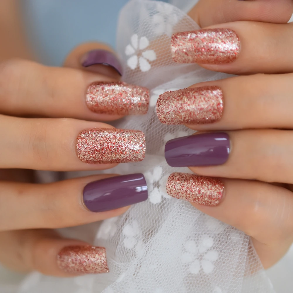 Накладные ногти Taro Purple Square Mix красное шампанское блестящие среднего размера