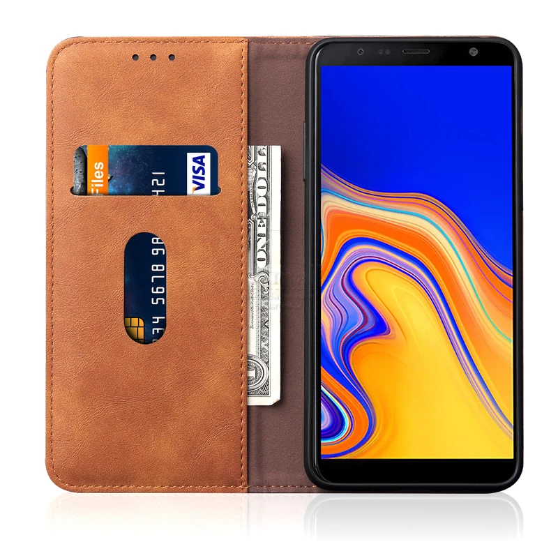 Роскошный тонкий кожаный чехол книжка в стиле ретро для Samsung Galaxy J4 Plus 2018 бумажник