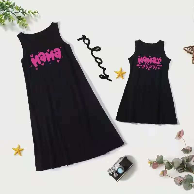 

Mama Mini Mother Daughter Matching Dresses Family Set Mom Baby Mommy and Me Clothes Sleeveless Women Girls Cotton T-shirts Dress