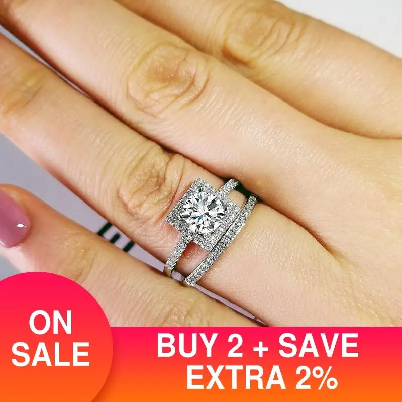

2021 new luxury halo real 925 sterling silver wedding ring set for women lady anniversary gift jewelry bulk sell R5166S