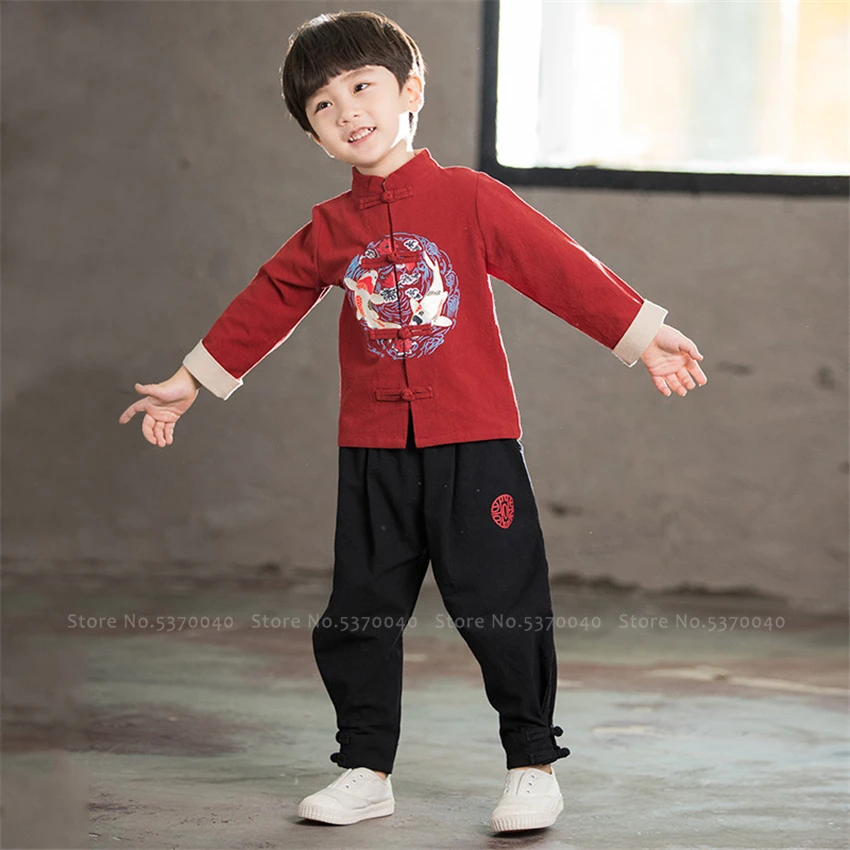 Традиционный китайский костюм для детей; Hanfu; комплект одежды из топа и штанов для маленьких мальчиков; вечерние костюмы с футболкой кунг-фу для восточных праздников