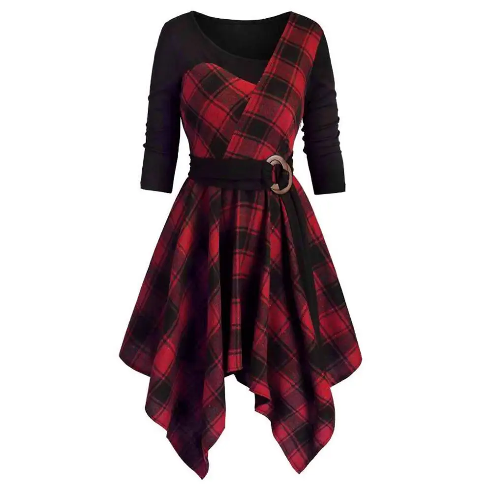 Плюс размер женское клетчатое асимметричное платье с длинным рукавом и круглым