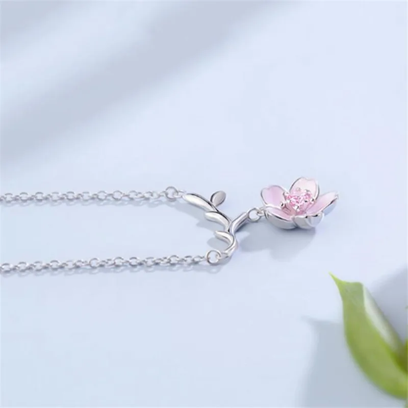 Натуральный модный 925 пробы серебряный розовый цветок вишни стразы колье