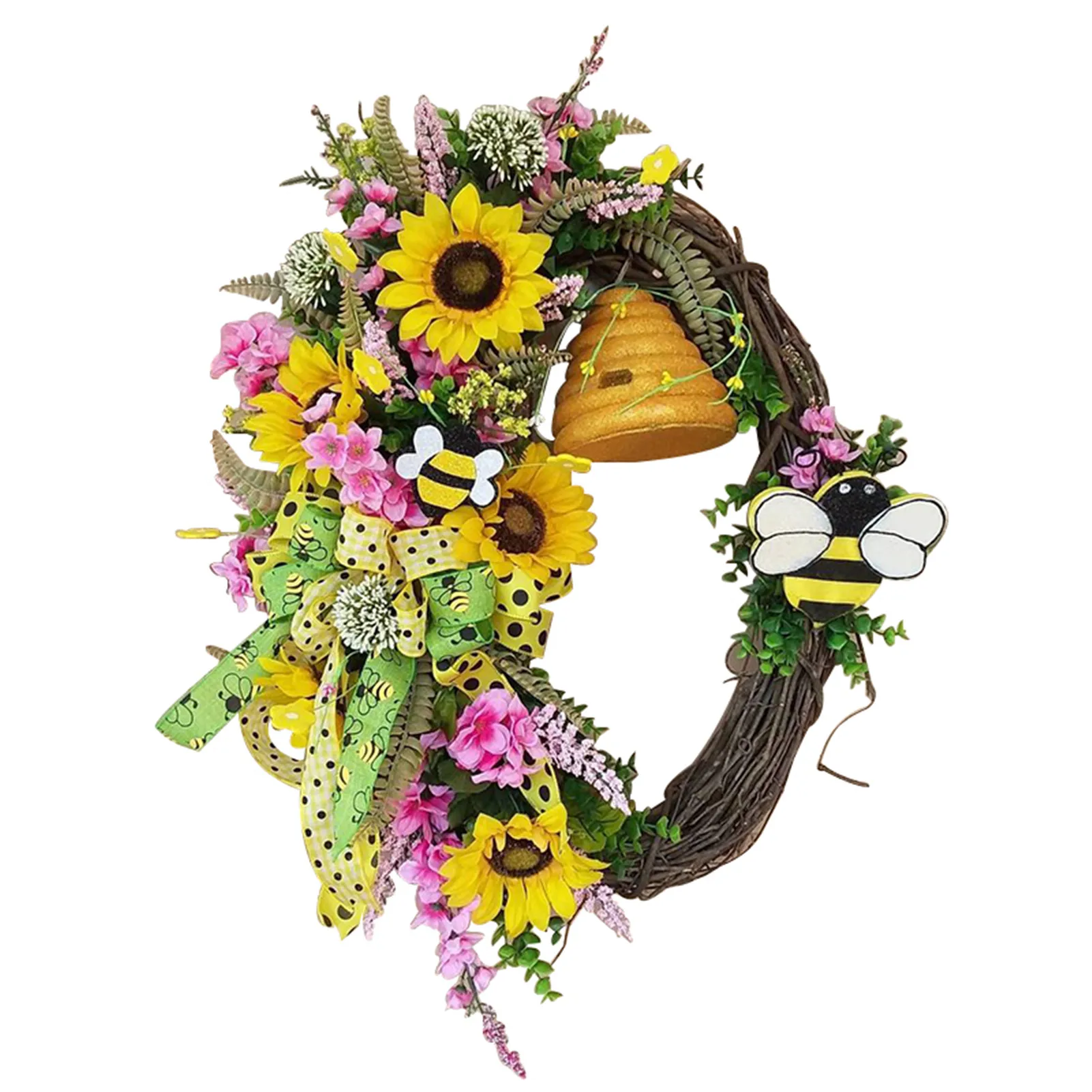 

Summer Wreath Sunflower Bumble Bee Door Wreath Bell Layout Props Hanging Decoration Decor 50cm For Front Door TP-Hot