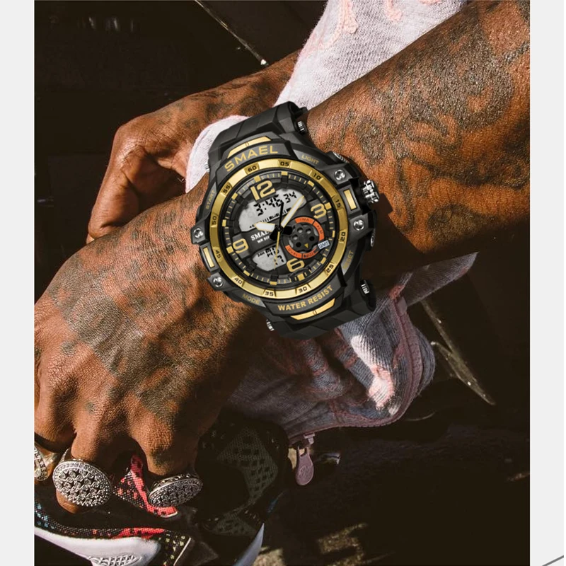 

SMAEL Sport Watch Mens Watches Dual Display Watch Digital Quartz Men Army Green Military Alarm Clock Watchwrist Male Led Shock