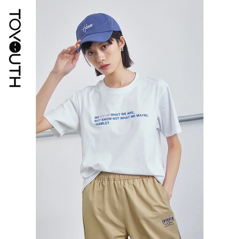 

Футболка женская с коротким рукавом и круглым вырезом, белый Повседневный Топ с буквенным принтом и вышивкой, лето 2021