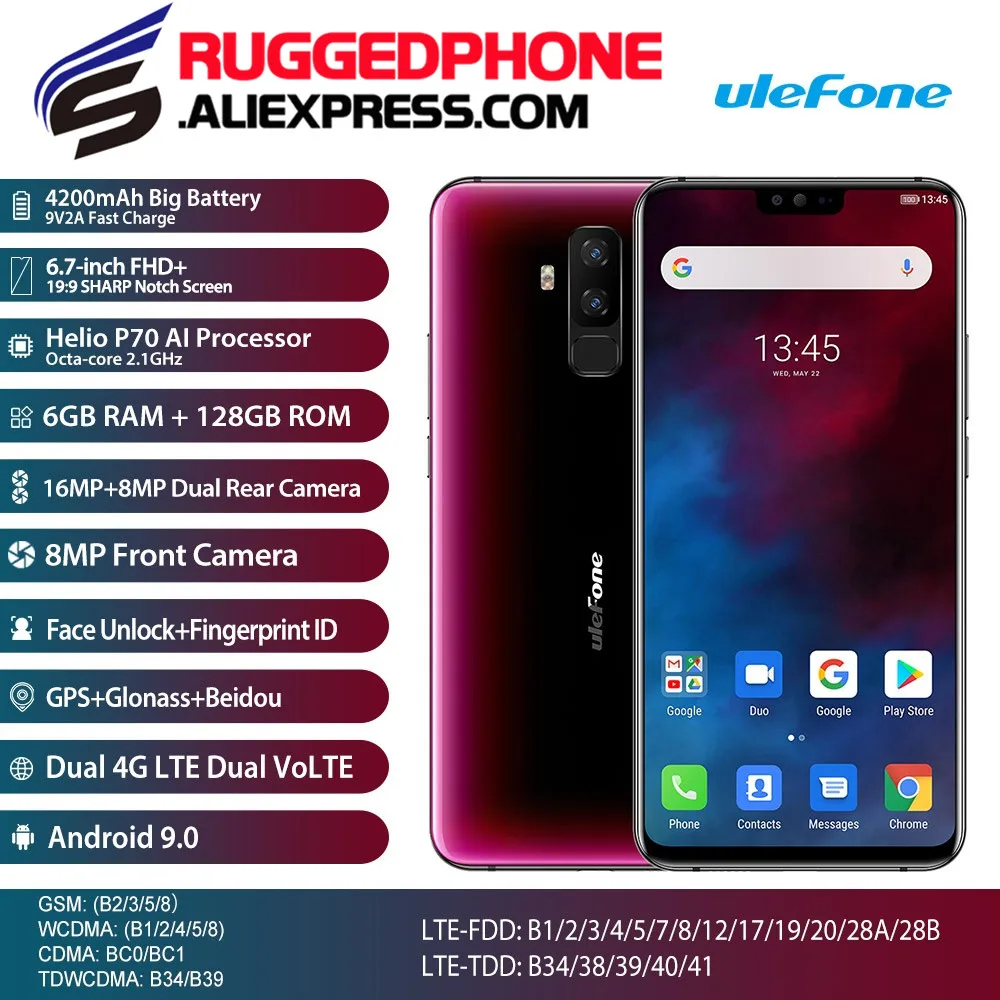 Смартфон Ulefone T2 Dual 4G 6 7 ''FHD + Helio P70 ГБ 128 Android 9 0 16MP 8MP 4200mhA мобильный телефон NFC