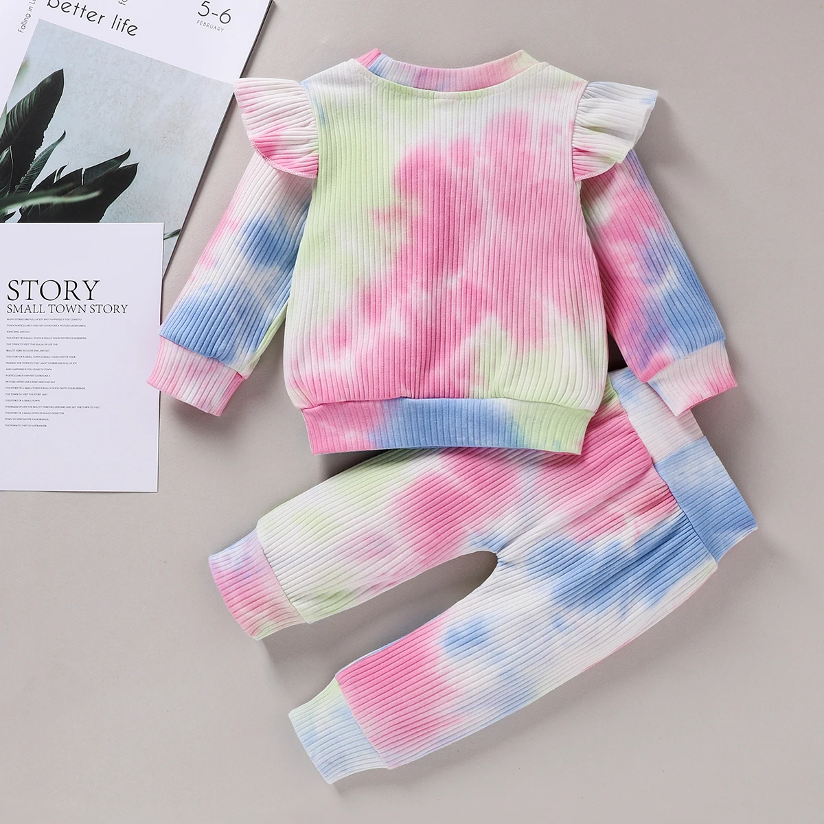 

2Pcs Baby Girl 6M-4T Spring Autumn Ribbed Tie Dye Print Outfits Ruffled Long Sleeve Ruffle T-Shirt + Bowknot Pants Set