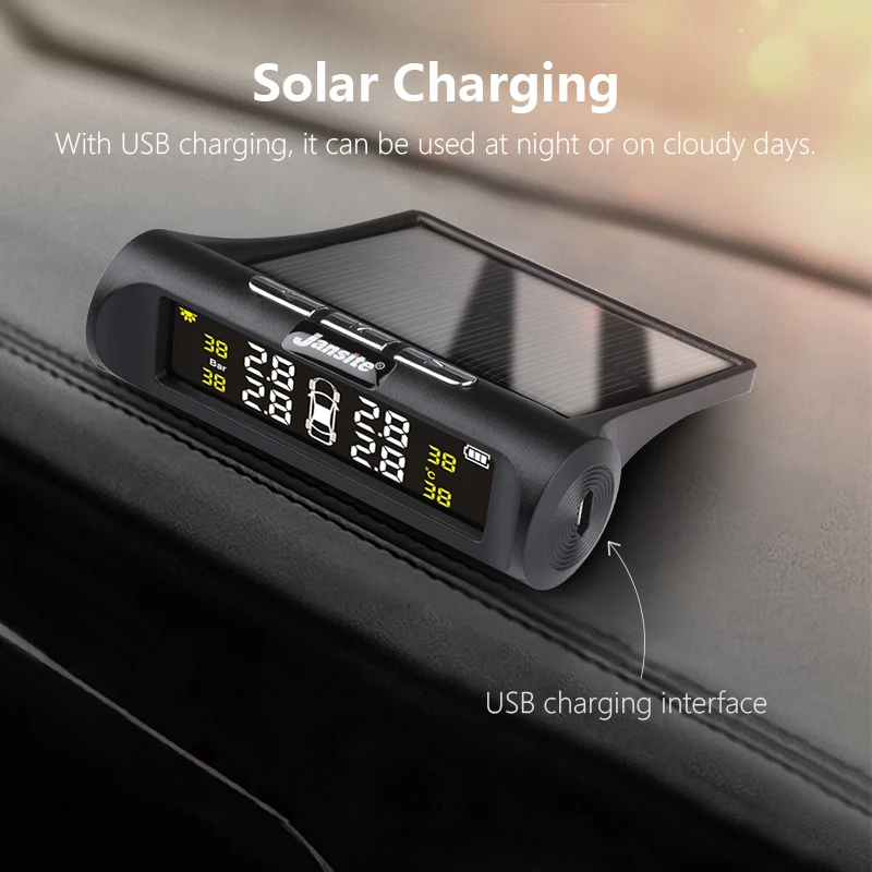 Vtopek Car TPMS 4 Tyres Car Tire Pressure Monitoring System Wireless Auto Alarm USB or Solar Charging HD Digital LCD Display