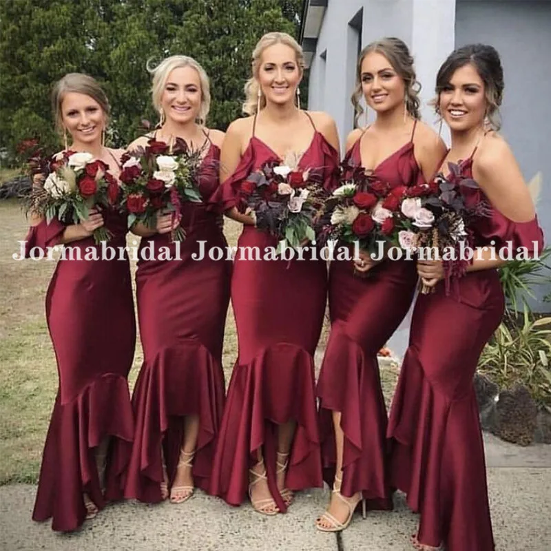 2021 Высокие Низкие Платья для подружек невесты с оборки бретели винно красного